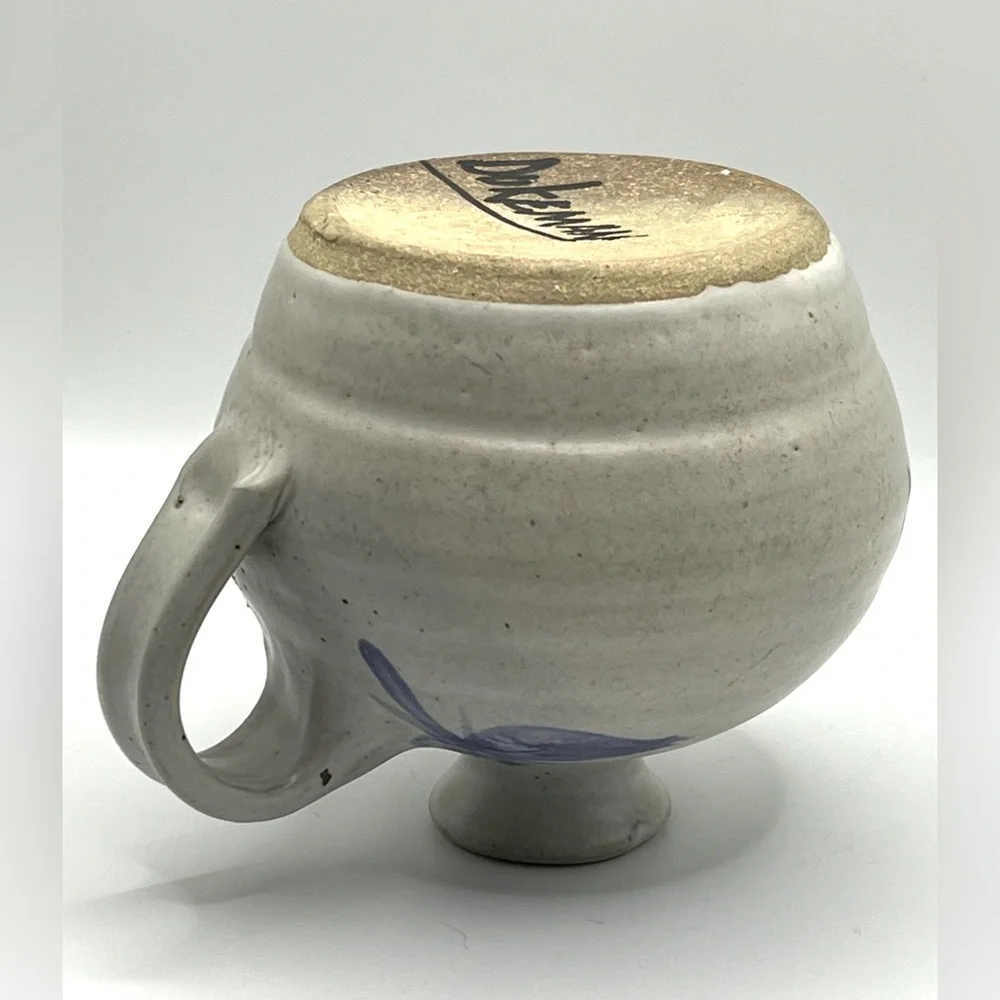 Handmade Dukeman Studio Art Pottery Ceramic Grey Blue Leaves Bud Vase w/Handle